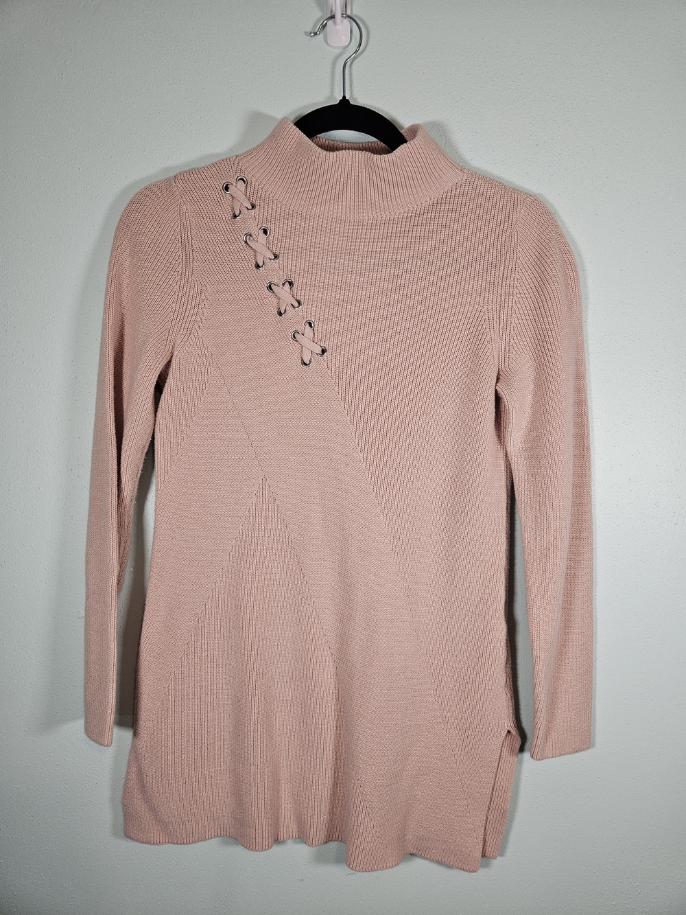 Chico's Blush Pink Lace-Up Mock Neck Longline Sweater